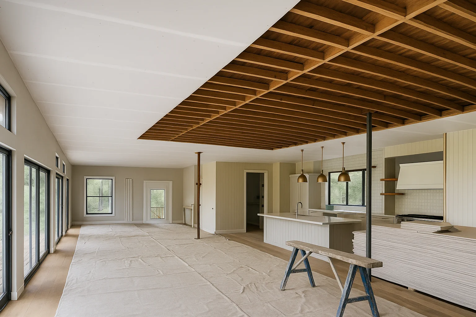 Wide open-plan Perth room with a new plasterboard ceiling sheeted across most of the span and a third still open to the timber joists