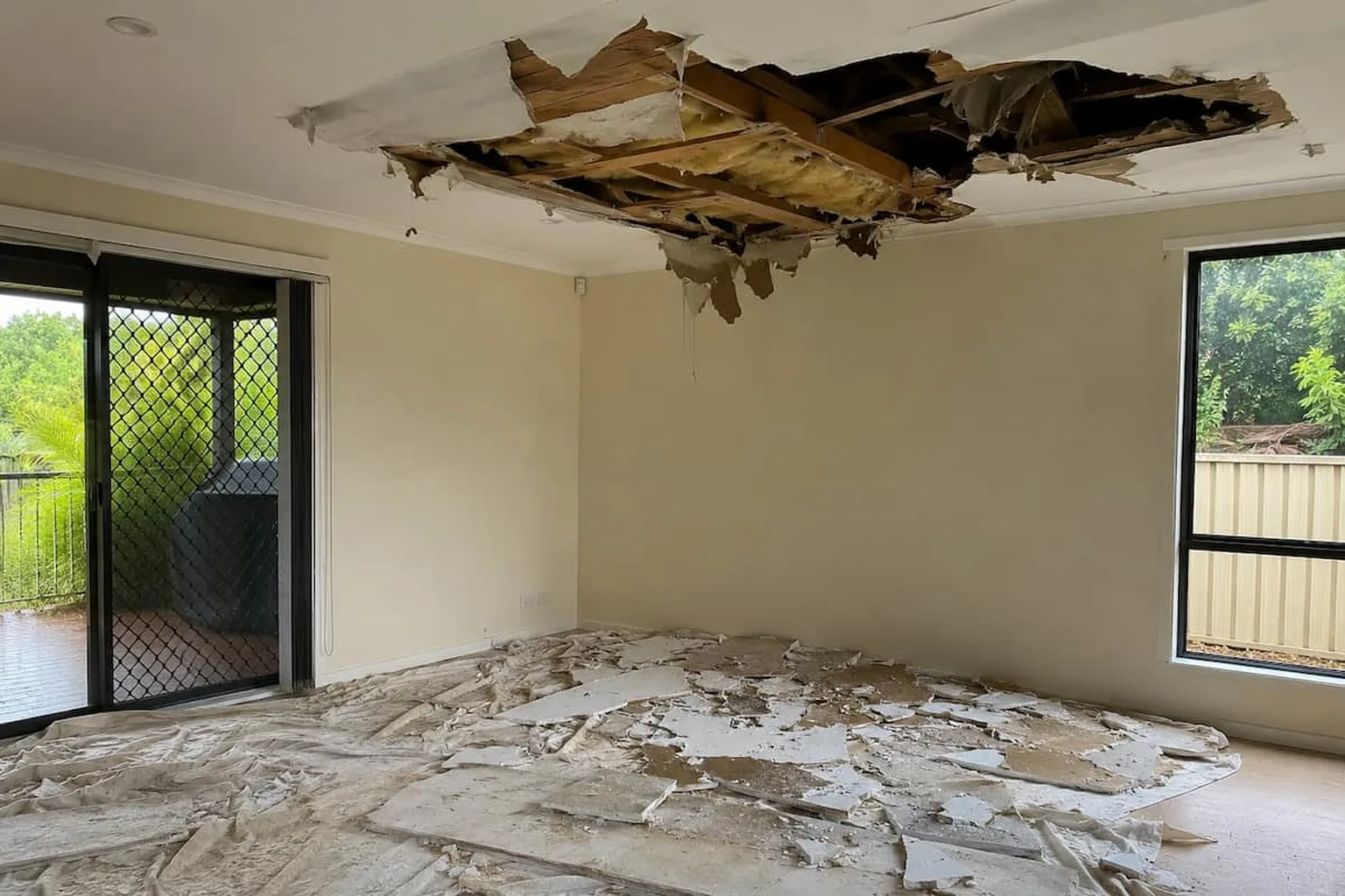 Broken plasterboard and insulation on the floor after a section of ceiling gave way