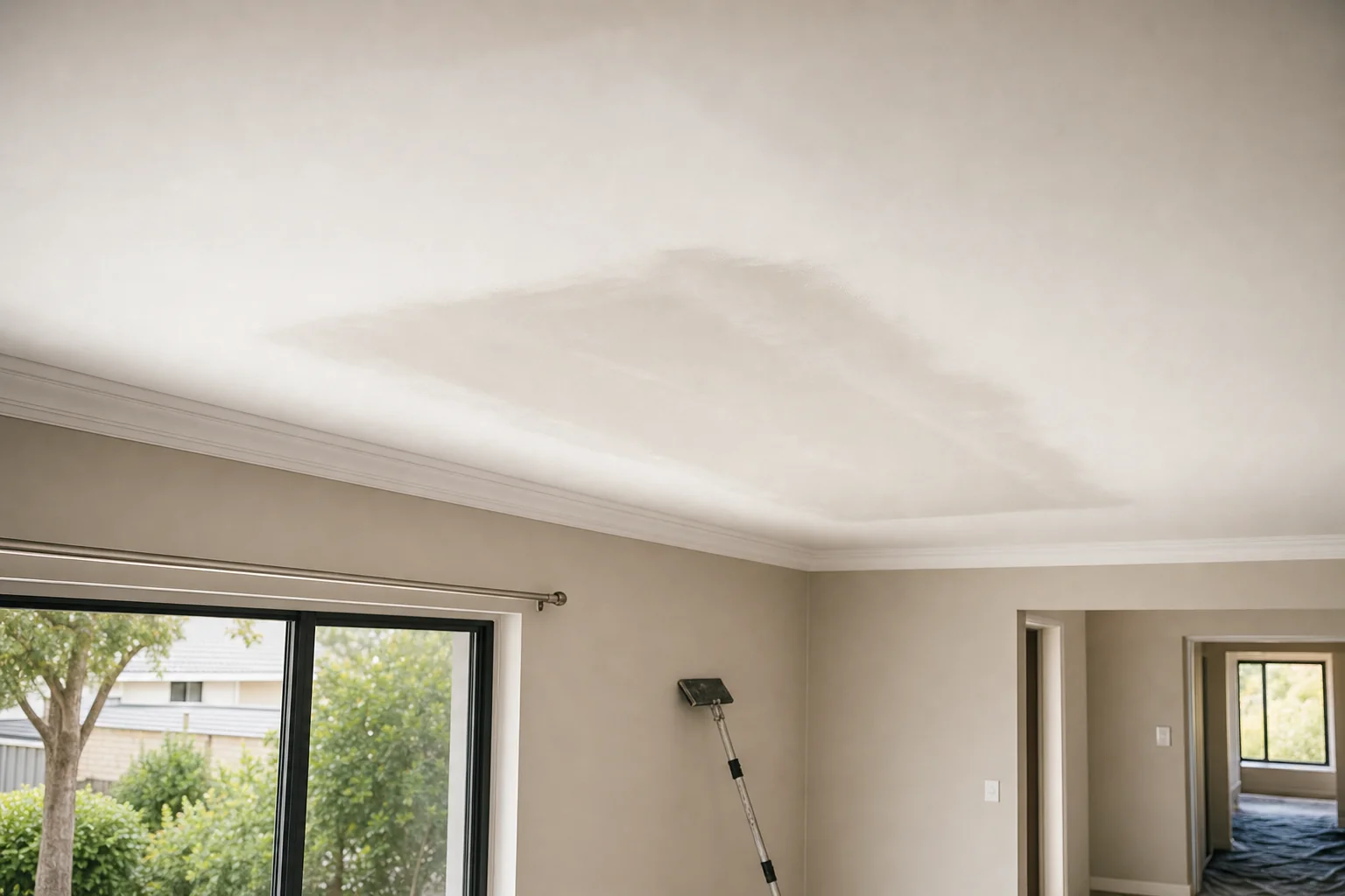 A repaired ceiling section feathered out in joint compound and sanded flush, left paint-ready